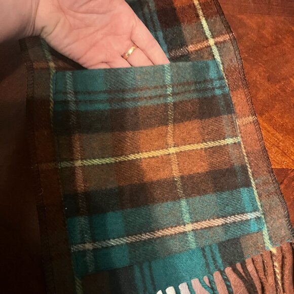 Patrick King Wool Pocket Scarf Plaid Design With Fringe Trim Brown Teal scotish‎ - Picture 6 of 10